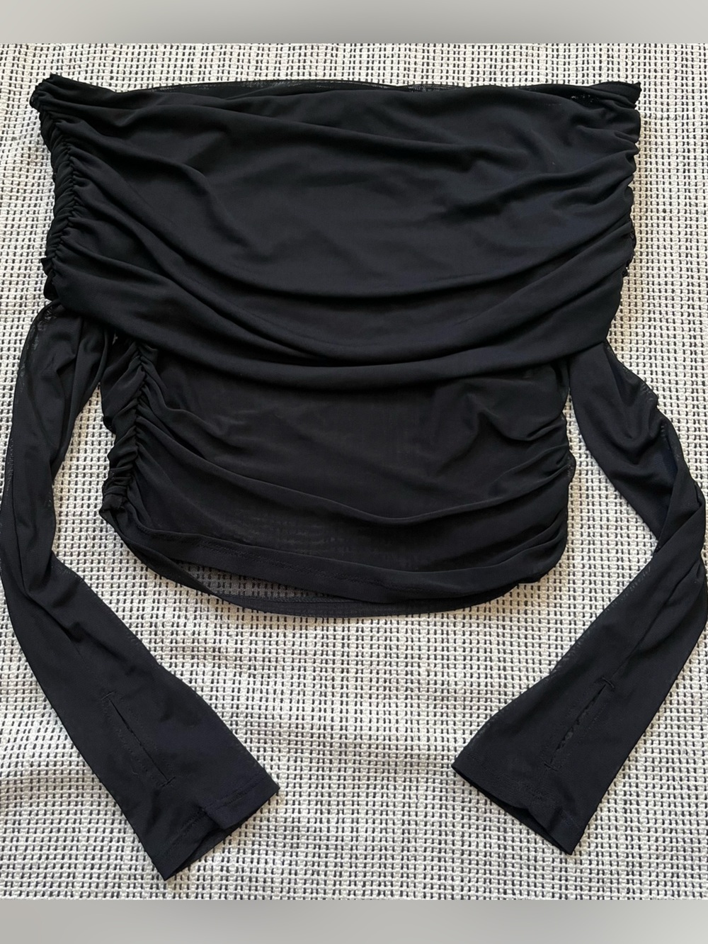 Black Cropped Ruched Mesh Double Lined Off-Shoulder Long Sleeve Top Size M